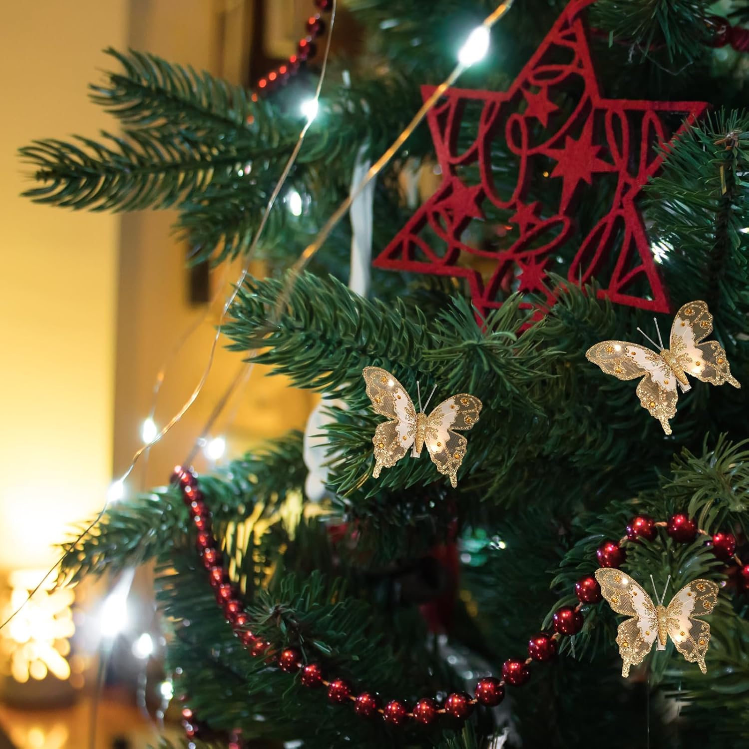 Butterfly Christmas Ornaments Small Cute Christmas Tree Decorations for Indoor Outdoor Unique Holiday Decor Christmas Party Home Decorations (Gold) - Image 6