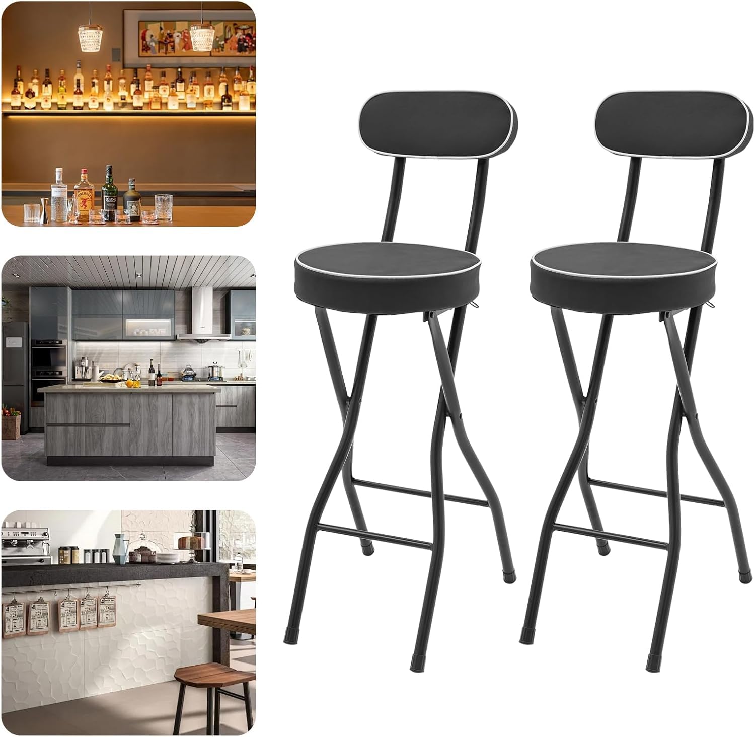 Juego de 2 taburetes plegables de 65 cm, apilables, altura regulable, marco de metal, acolchado, estable, ahorra espacio, para cocina, comedor, jardín, escuela, invitados (negro)