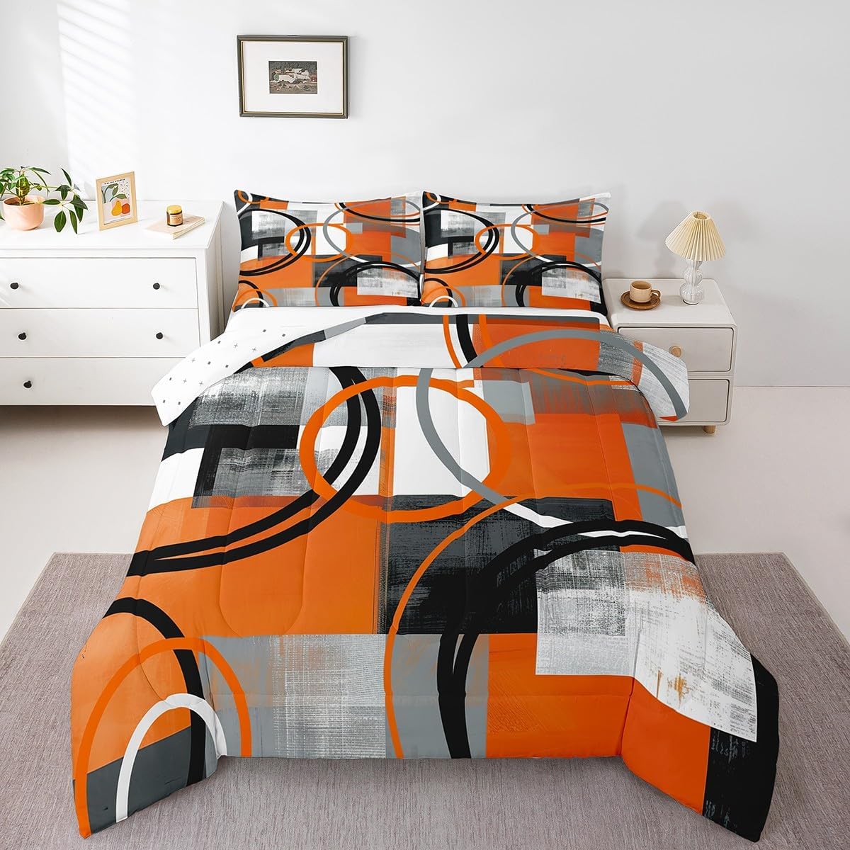 Feelyou Abstract Bedding Set Orange Grey White Buffalo Check Comforter Set Geometric Comforter for Women Men Room Decor Geometric Modern Circle Duvet Set King Size with 2 Pillow Case