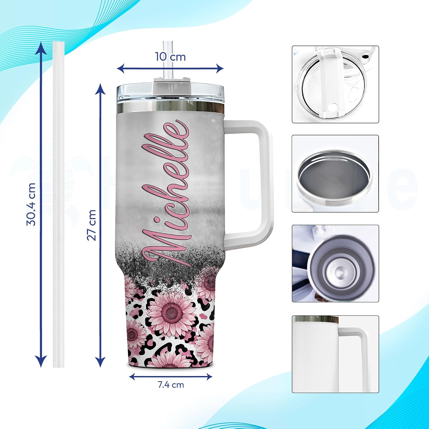 Hyturtle Personalized Highland Cow Tumbler 40 Oz with Handle and Straw - Stainless Steel Travel Coffee Cup With Lid - Highland Cow Gifts For Women On Birthday Christmas Mothers Day