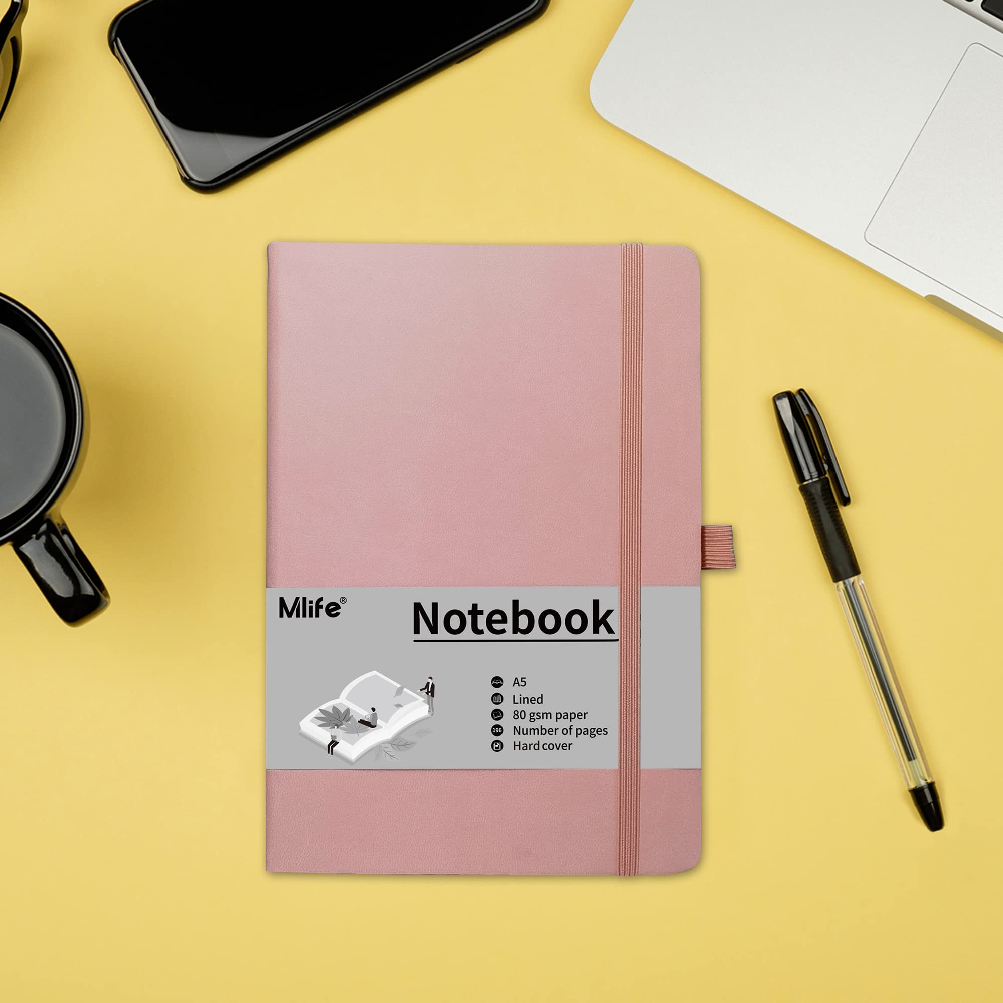 Mlife A5 Notatnik w linie-2 Pack,80 GSM Gruby papier z 192 stronami, Notatnik z twardą okładką PU z wewnętrzną kieszenią, Elastyczna opaska, Notatniki do pisania w biurze, szkole, domu i firmie