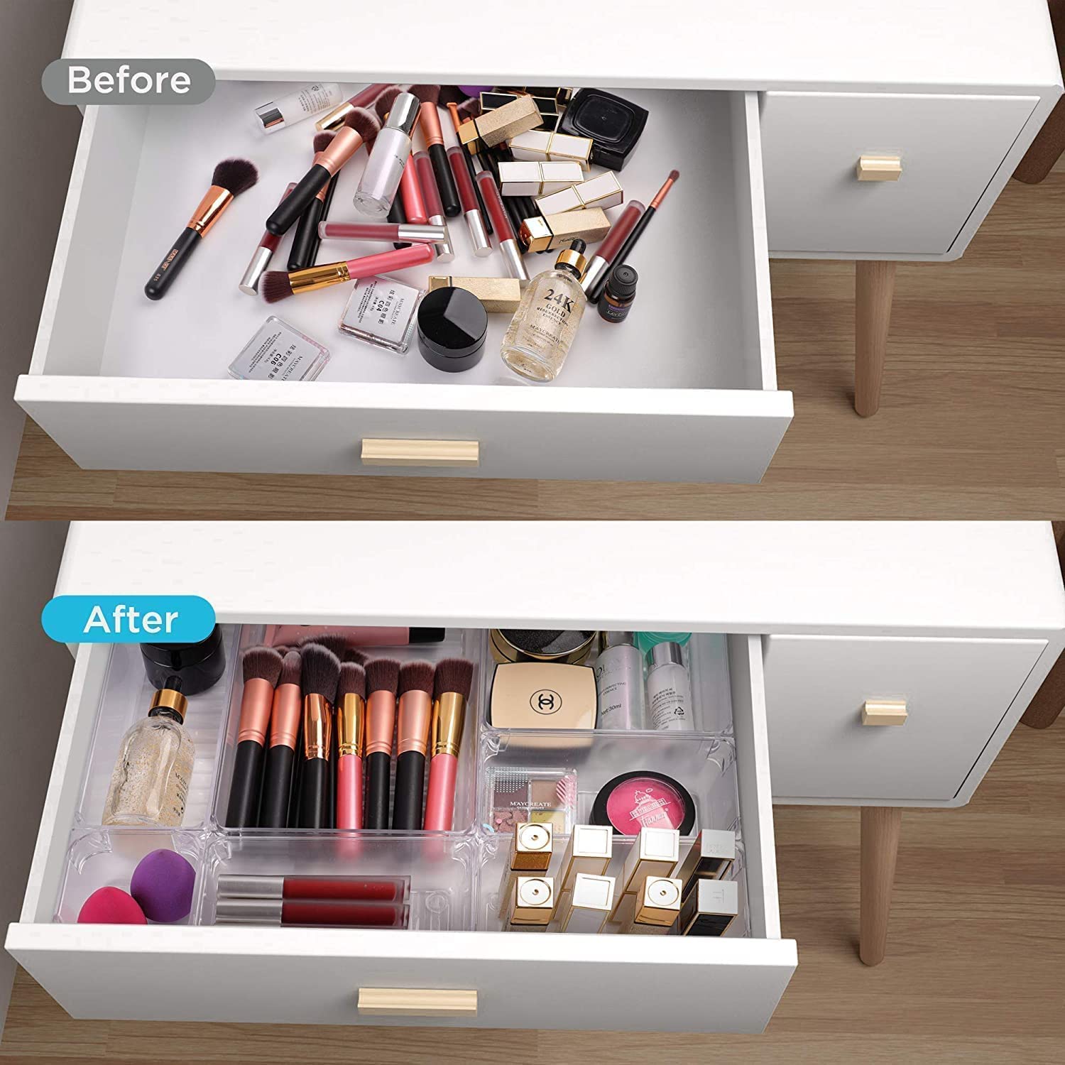 Zeinwap Desk Drawer Organizers Trays Set Clear Plastic Storage Bins Bathroom Drawer Tray Dividers Vanity Organizer For Bedroom Dresser Makeup Kitchen Utensil Office(4 Pc Long Large Tray),Transparent 1
