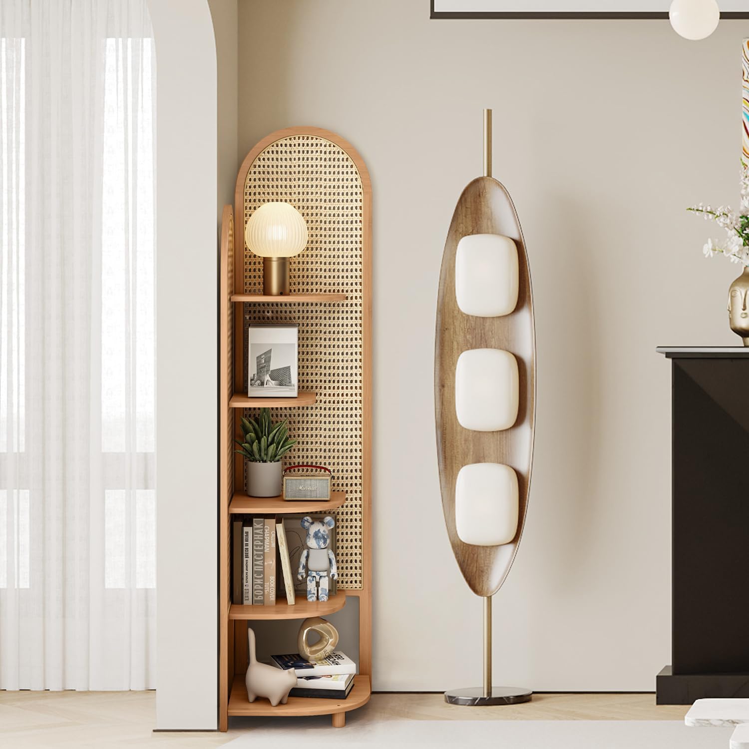 5-Tier Bamboo Corner Bookshelf with Rattan Back Panel, Arched Display Shelf, 66.1" Tall Stylish Bookcase Display Rack Book Shelf Storage Organizer Plant Stand for Living Room, Home Office, Natural