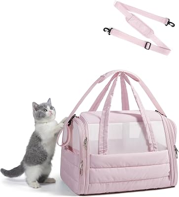 BAGSMART Cat Carrier: Soft-Sided Pet Carrier for Small Medium Cats Dogs Puppy Quilted Collapsible Puffy Travel Bag Up to 20 Lbs Pink