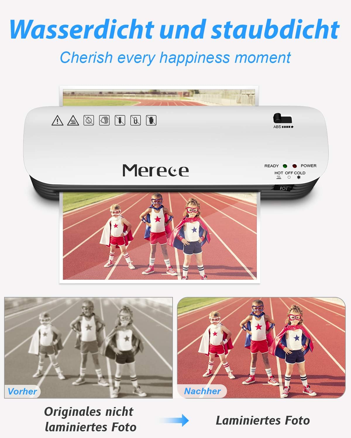 Before and after comparison of a photo, showing the laminated version is waterproof and dustproof.