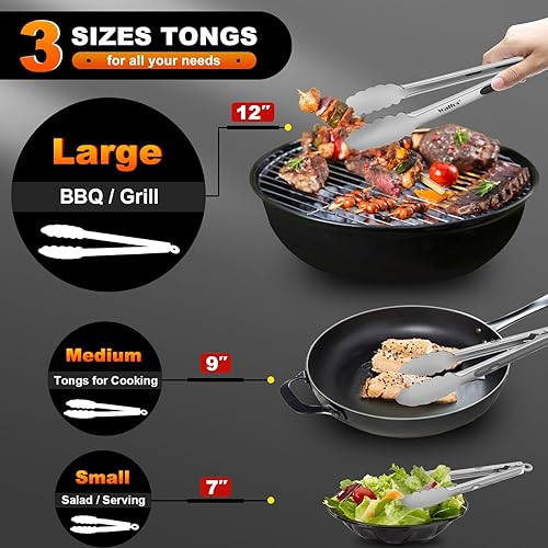 Miniatura 2 de Walfos Pinzas de cocina de acero inoxidable para cocinar, 7, 9 y 12 pulgadas, pinzas de metal de grado alimenticio para cocinar, barbacoa, juego de