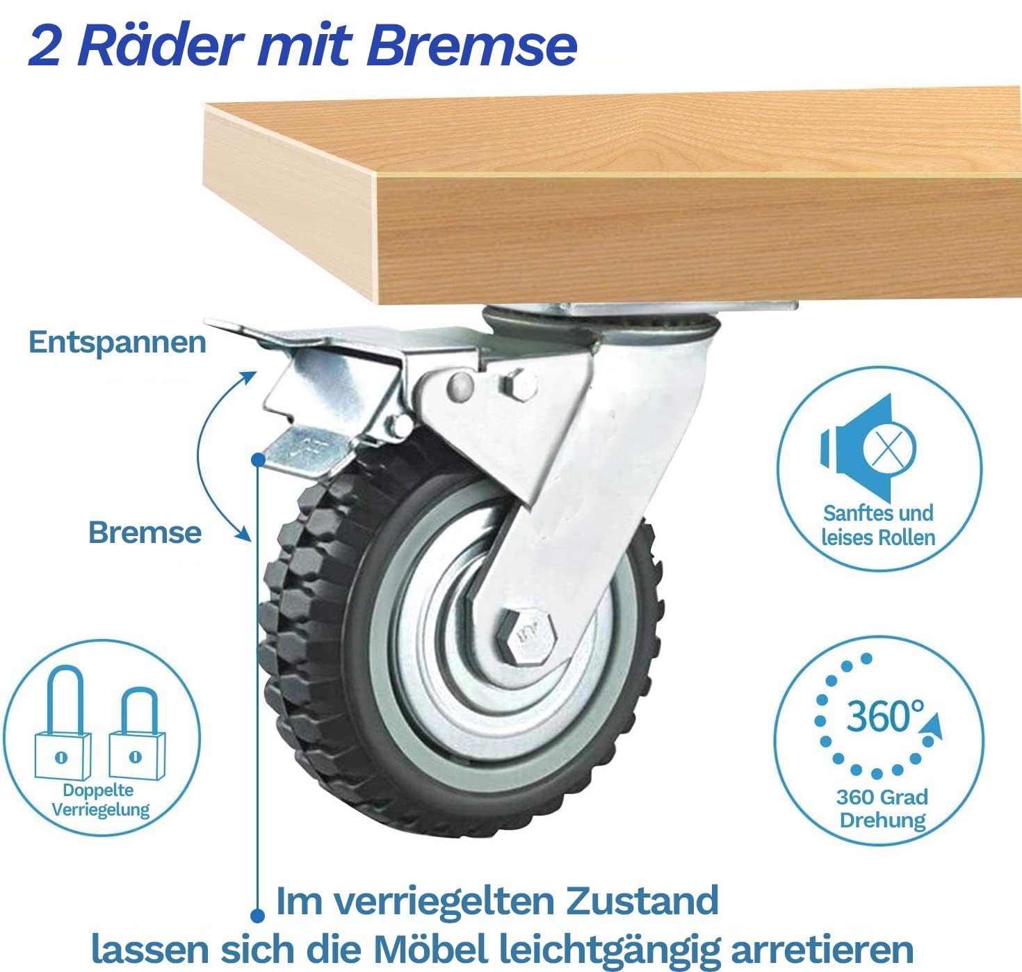 4 Stück Schwerlastrollen Plattenrollen, 200mm Lenkrollen mit Bremse,360° Drehbar Transportrollen Rollen Schwerlast Lenkrollen Möbelrollen Tragkraft 1000KG(2 Lenkrollen + 2 Bremsrollen)