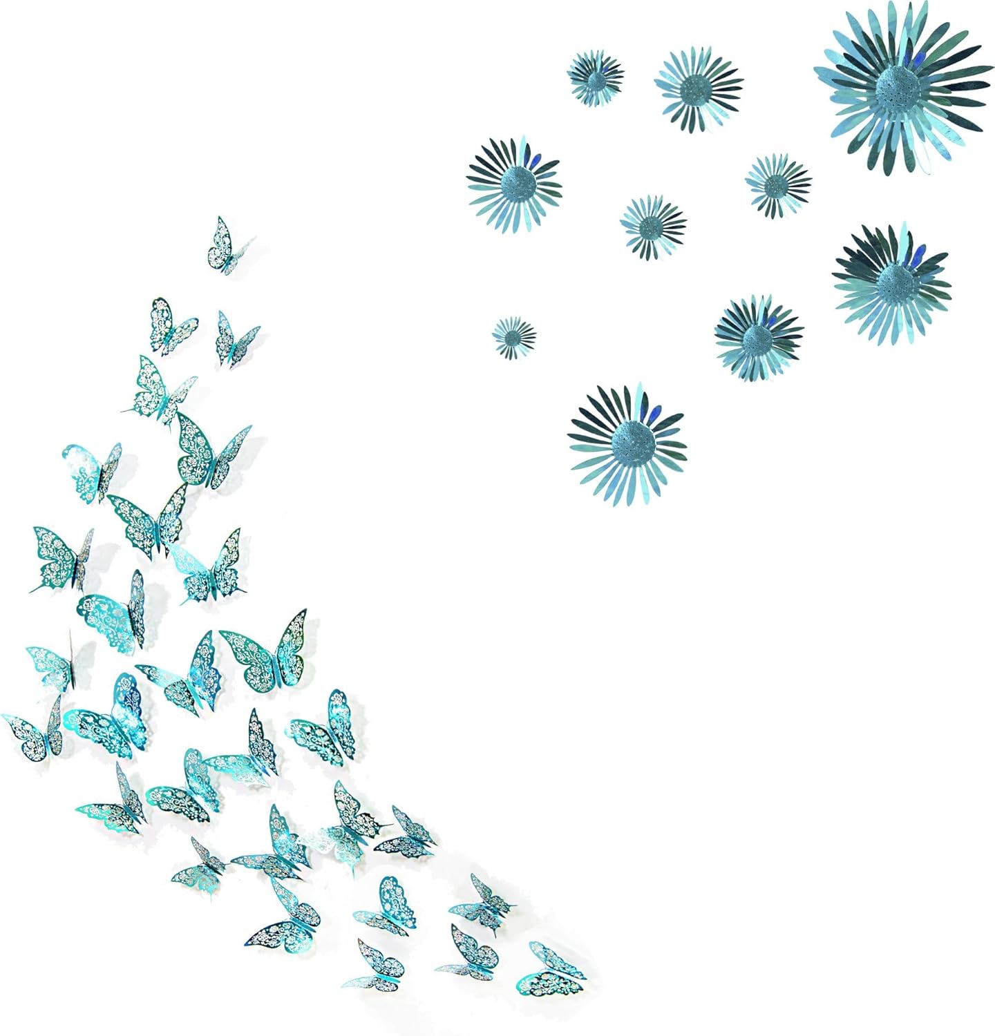 Cheerland Teal Blue 3D Butterfly Wall Stickers with Flower Stickers And Vines Garlands Room Decals for Birthday Wedding Party Decorations Supplies