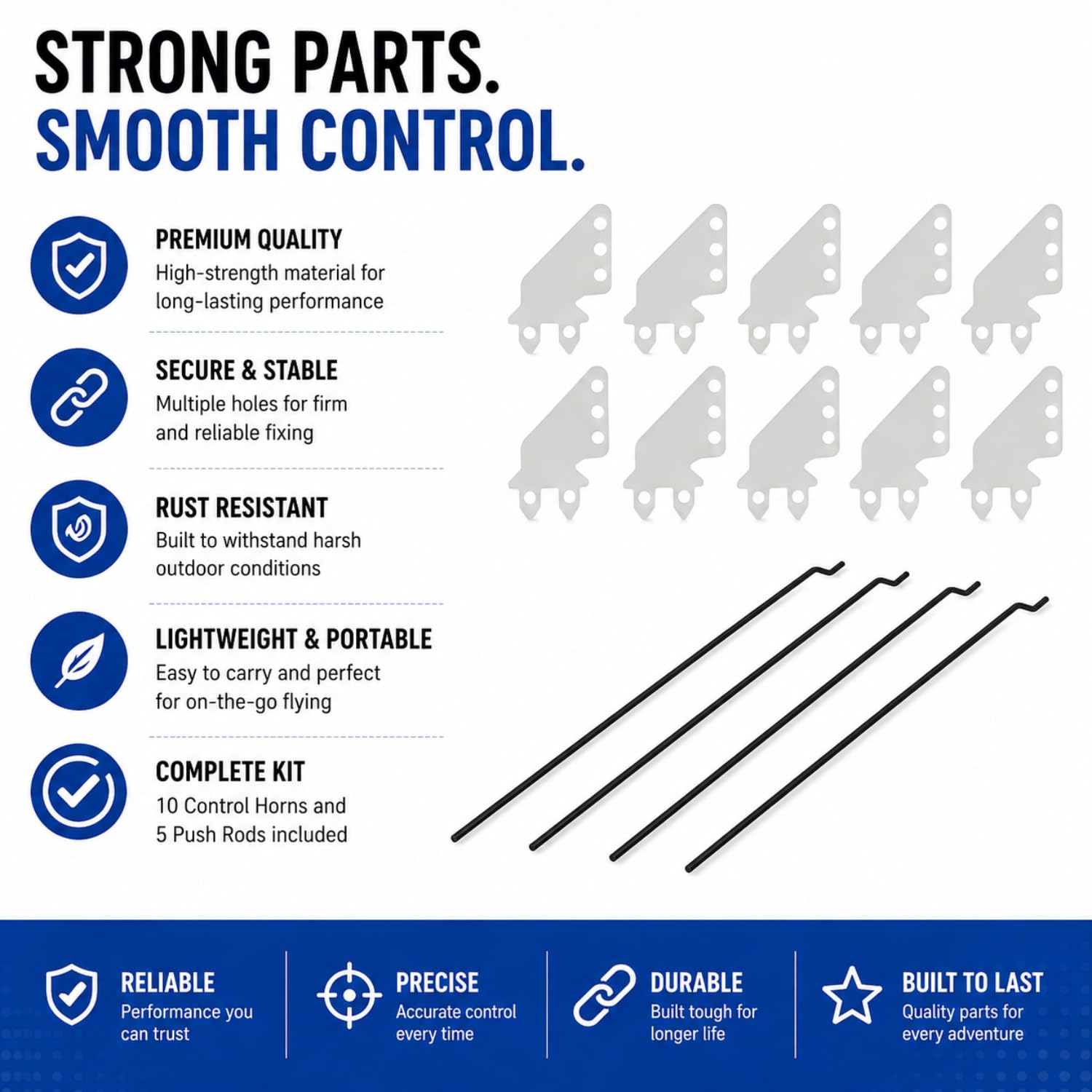 FlyingMachines RC Airplane Control Horns Set of 10 + 5 pcs 1.5x350mm Push Rods | Non-Hardened Steel Linkage Rods | DIY RC Aircraft Servo Linkage Hardware Kit 1