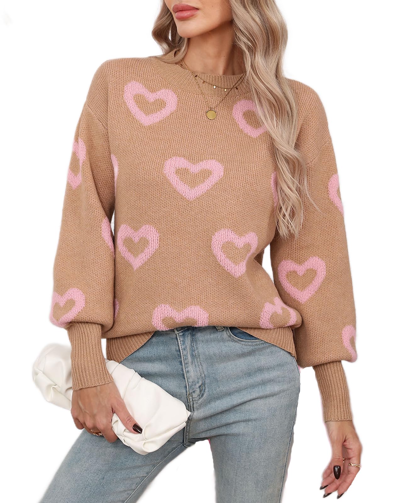 Alsol Lamesa Womens 2026 Fall Winter Mock Neck Long Sleeve Cute Heart Pattern Loose Knit Pullover Sweaters