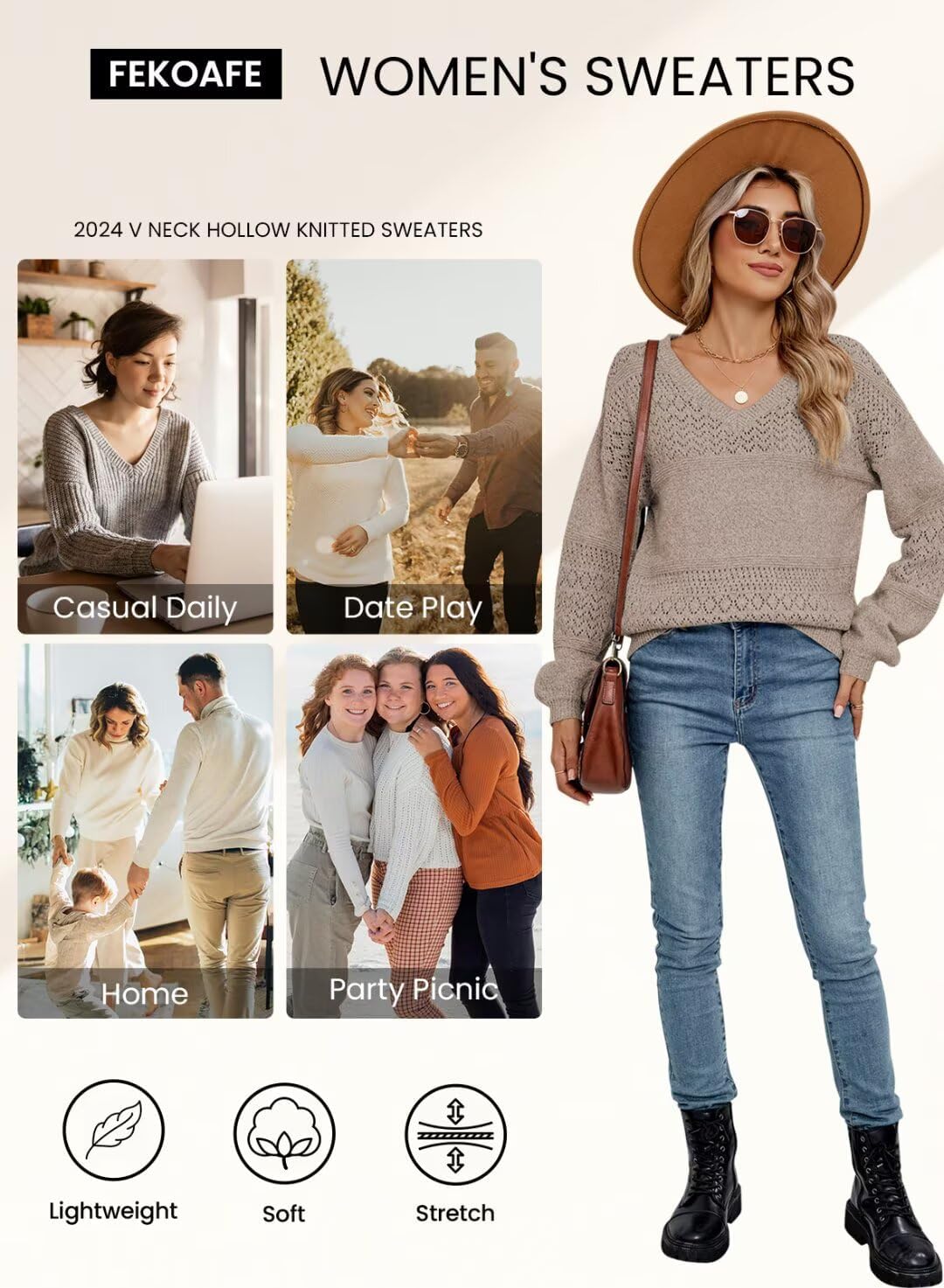 FEKOAFE Womens Sweaters 2026 Fall V Neck Long Sleeve Hollow Knit Pullover Sweaters for Women - Image 6