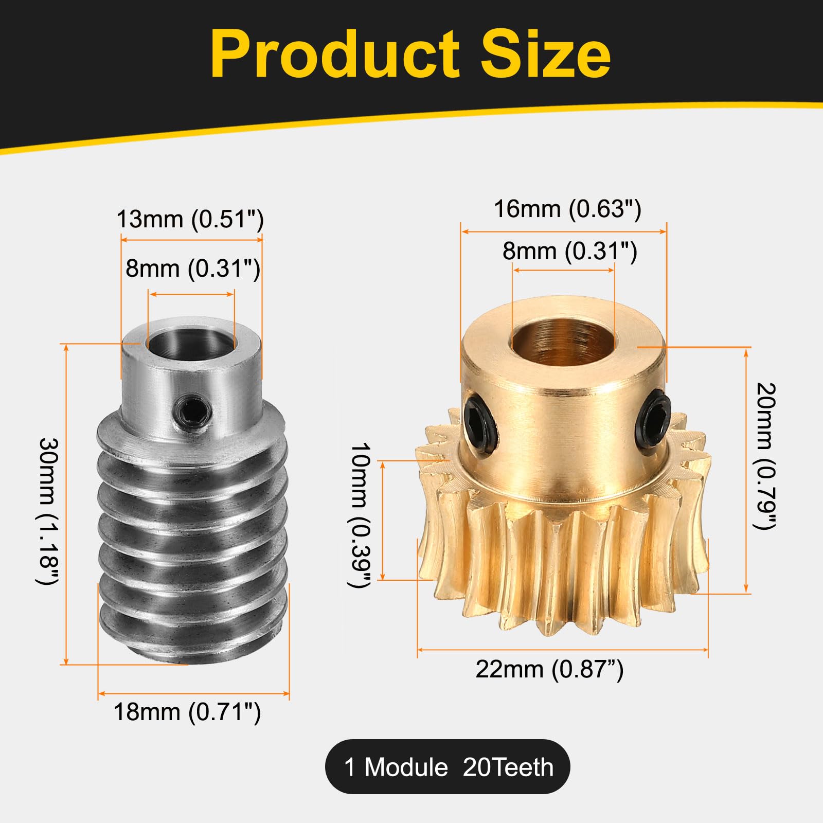 QUARKZMAN Set Ingranaggio A Vite Senza Fine 20T 1 Modulo Rapporto Riduzione 20:1 Rotazione Destra Scatola Ingranaggi Ruota Riduzione (Ingranaggio Ottone-Foro 8mm Asta Acciaio #45 Foro 8mm)