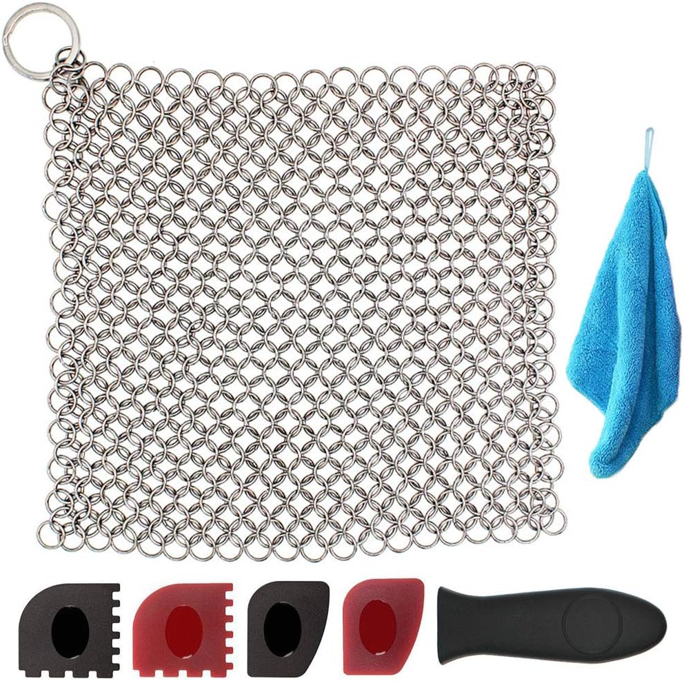 7 PCS Cast Iron Cleaner Set, YOCZOX Premium 316 Stainless Steel Chainmail Scrubber 8 x 6 Inch with Bonus Skillet Handle Holder, Pan Scraper, Grill Scraper, Kitchen Towel