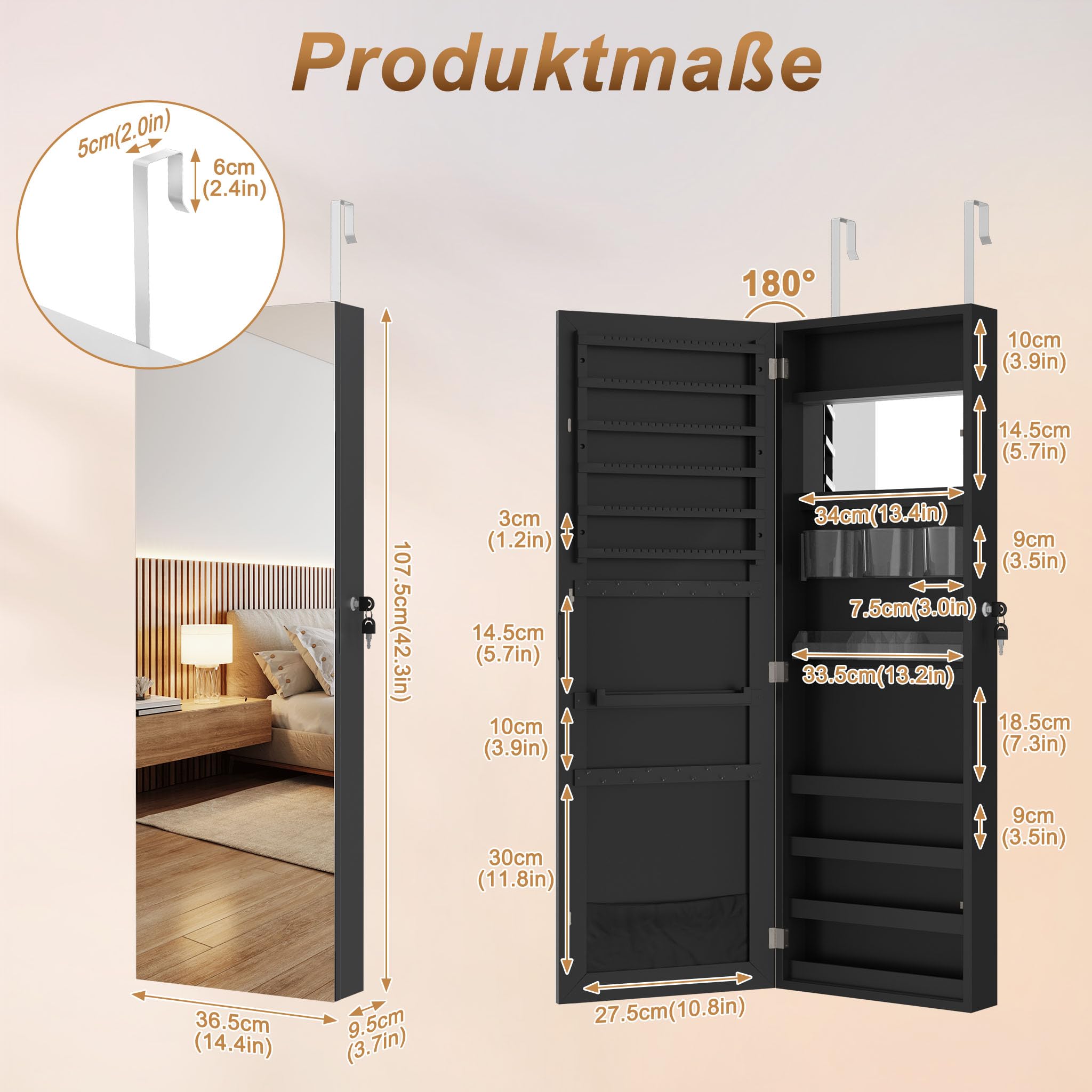 LZQ Schmuckschrank mit Spiegel Hängend Spiegelschrank Abschließbar Wandschmuckschrank 2-in-1 Schmuckaufbewahrung Türspiegel Wandspiegel Schmuck-Organizer, 107,5 x 36,5 x 9,5 cm, Schwarz