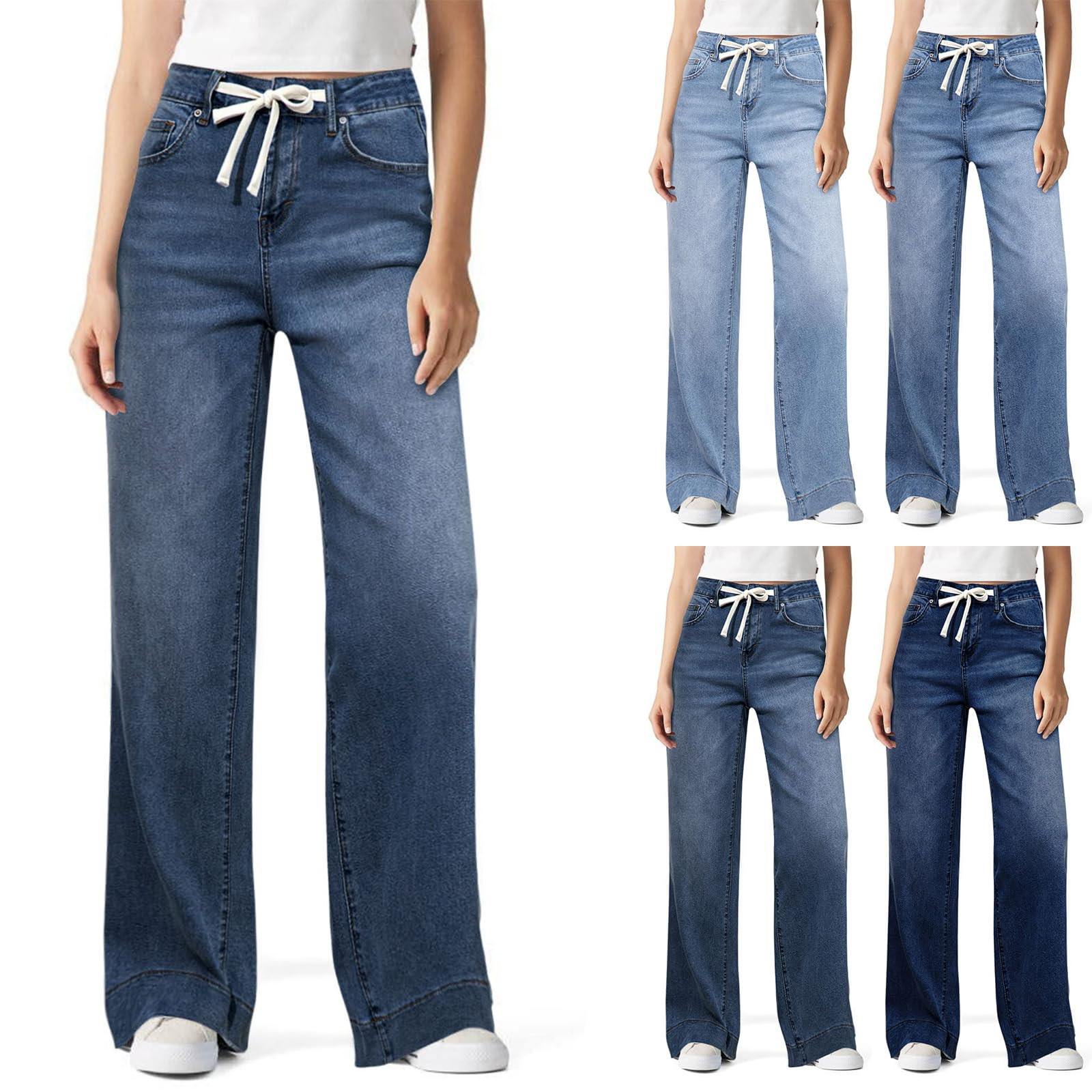 Wide Leg Jeans Woman Drawstring High Waisted Stretchy Y2k Baggy Jeans Casual Loose Denim Trousers Pants with Pockets