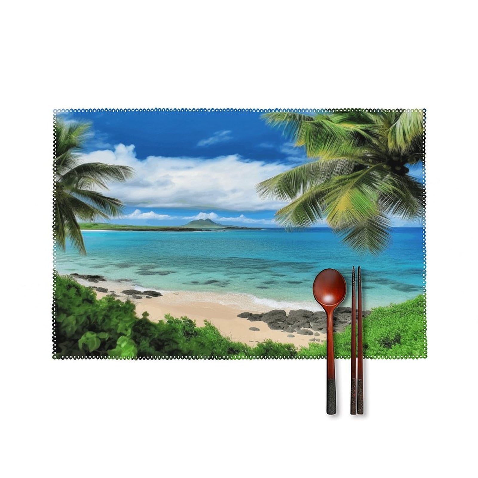 Tropical Palm Tree Hawaii Beach Placemats Set of 6 Non-Slip Heat Resistant Table Mats Canvas Washable Cloth Place Mats Easy to Clean Premium Placemat for Kitchen Dining Table Decoration