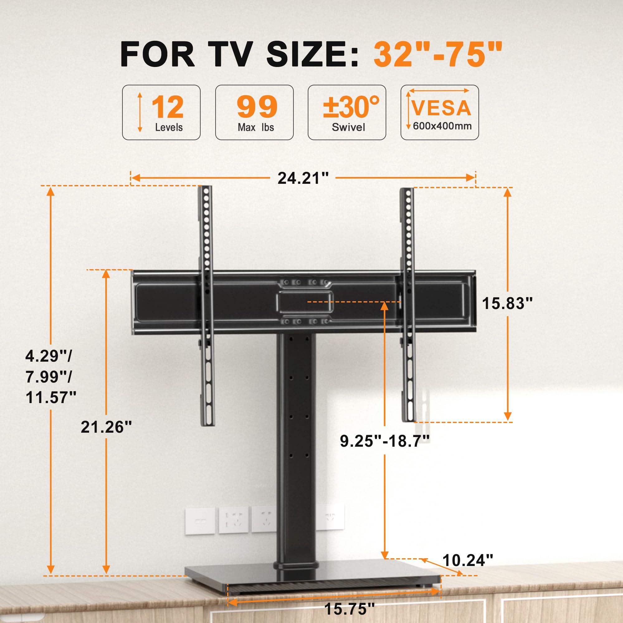 XINLEI Swivel TV Stand Base for Most 32-75 inch Screens Max 45kg, Universal Tabletop TV Stand with 12 Adjustable Heights - Image 2