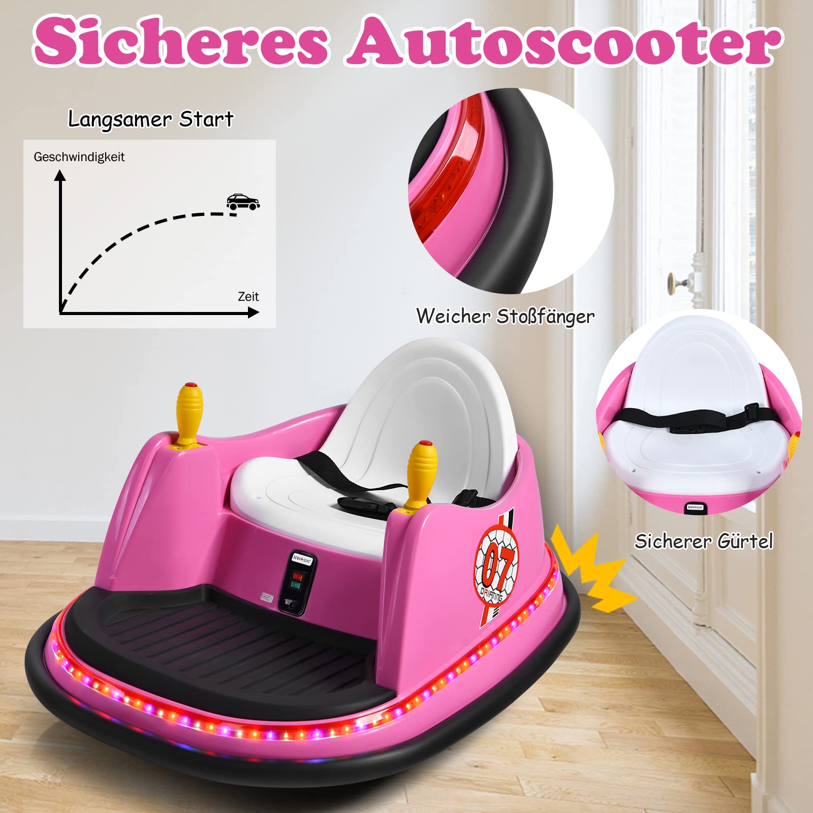 GOPLUS 6V Elektro Autoscooter mit 2,4 GHz Fernbedienung, Kinderfahrzeug 360 Grad, mit bunten Lichtern, EIN-Tasten-Start, Sicherheitsgurt, Musik, Hupe, für Kinder von 2-5 Jahren, bis zu 2km/h (Rosa)