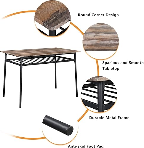 Miniatura 3 de KEPOOMAN Juego de mesa de comedor de 5 piezas, mesa de cocina de metal y madera con estante de almacenamiento y 4 sillas, sillas de cocina