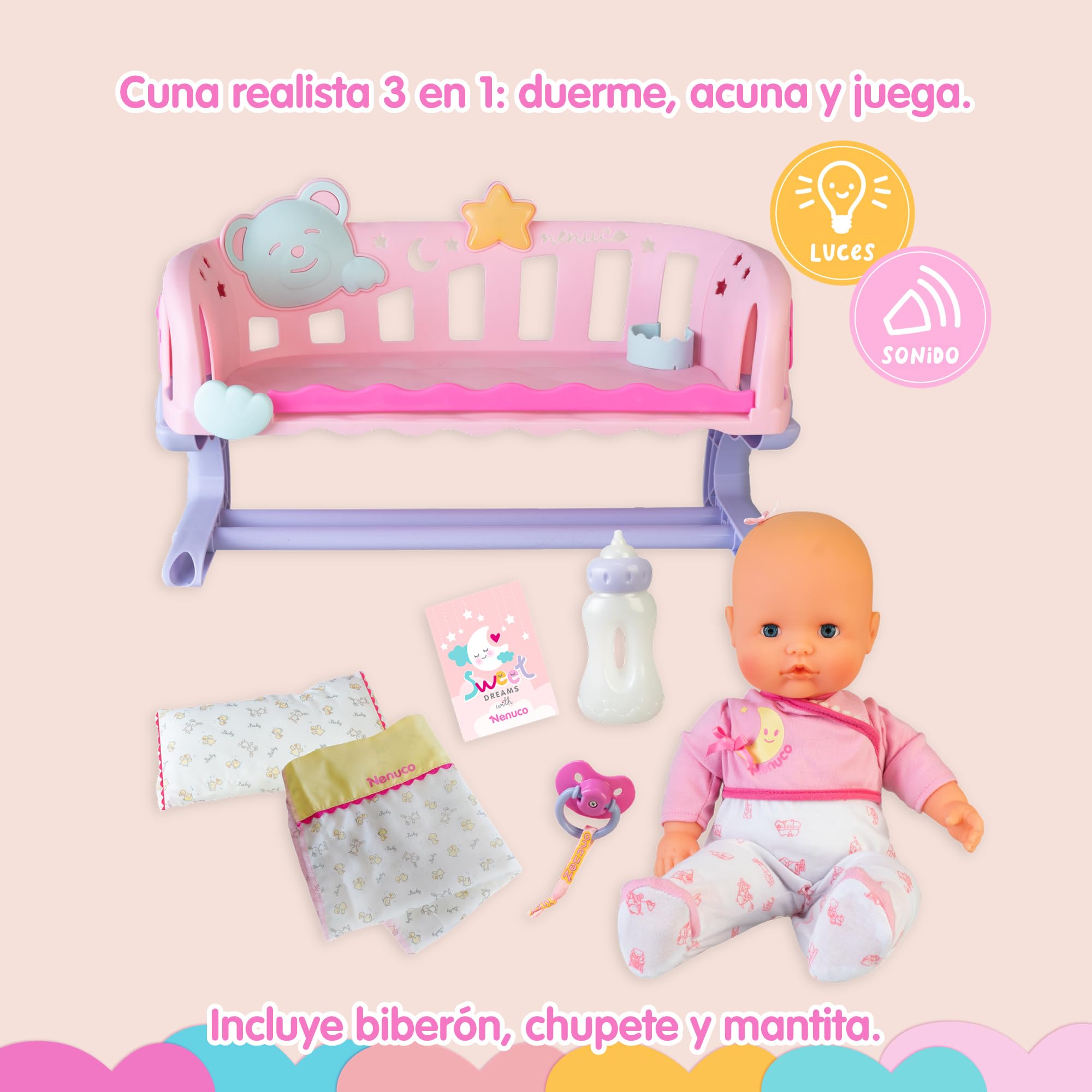 Nenuco - Dormi con me, culla 3 in 1 con bambola da 35 cm e corpo morbido, include ciuccio, biberon, copertina e stella con luci e suoni, si adatta a qualsiasi letto, +2 anni, Famosa (NFND1000)