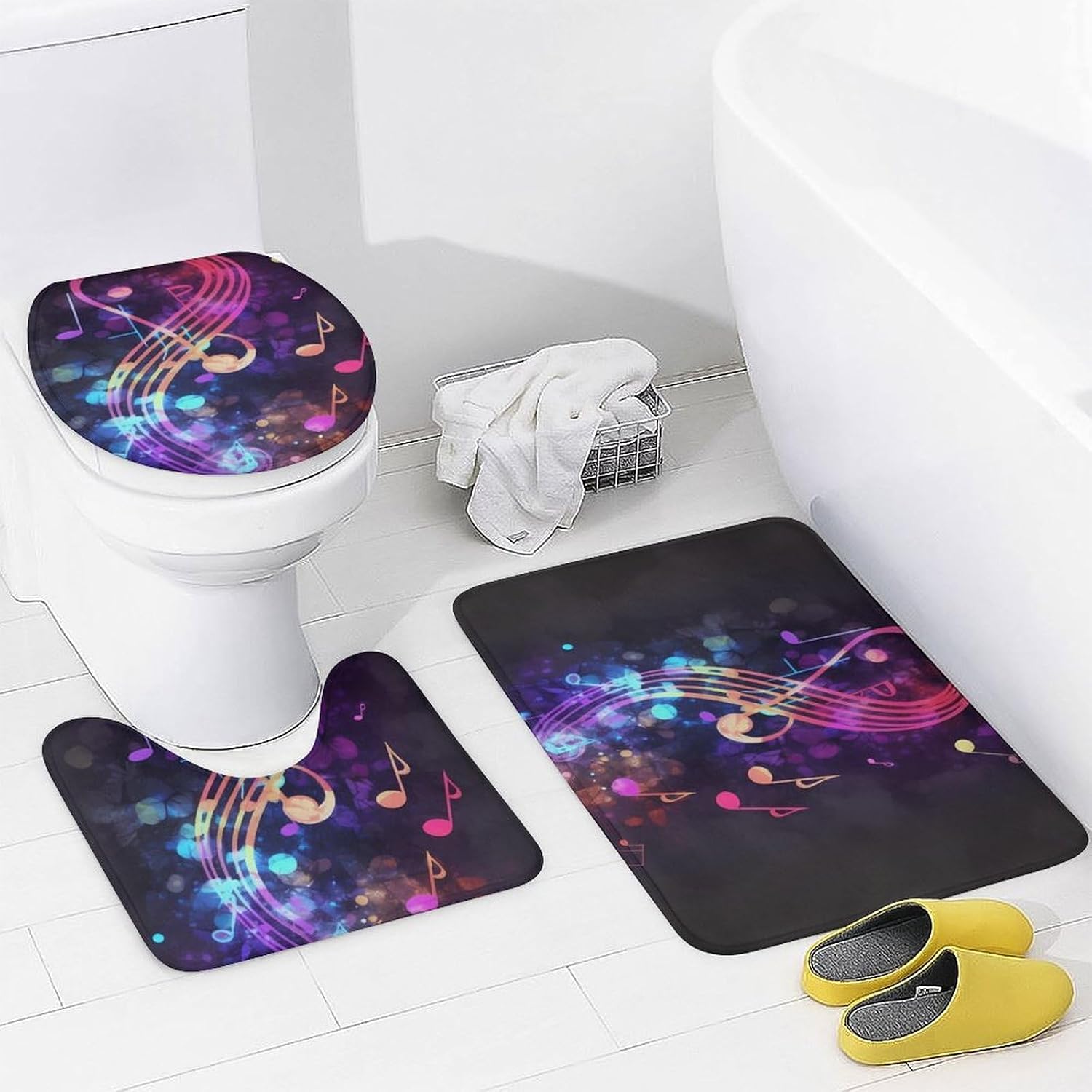 Shower Curtain Set with Shower Curtain and Rugs and Non Slip U Shaped Mat Colorful Galaxy Music Note Toilet Lid Cover Mat for Bathroom image 4