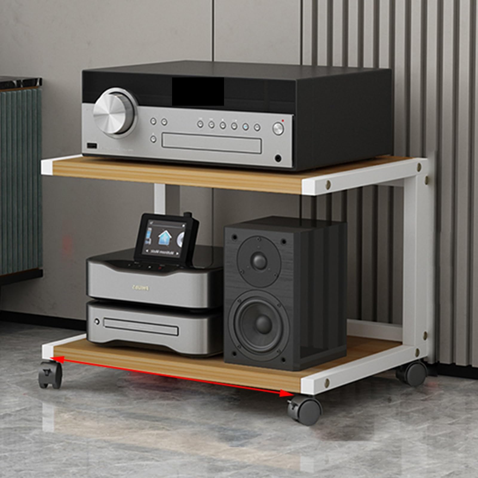 Torre AV de nogal con ruedas para sala de estar y almacenamiento de audio y tocadiscos