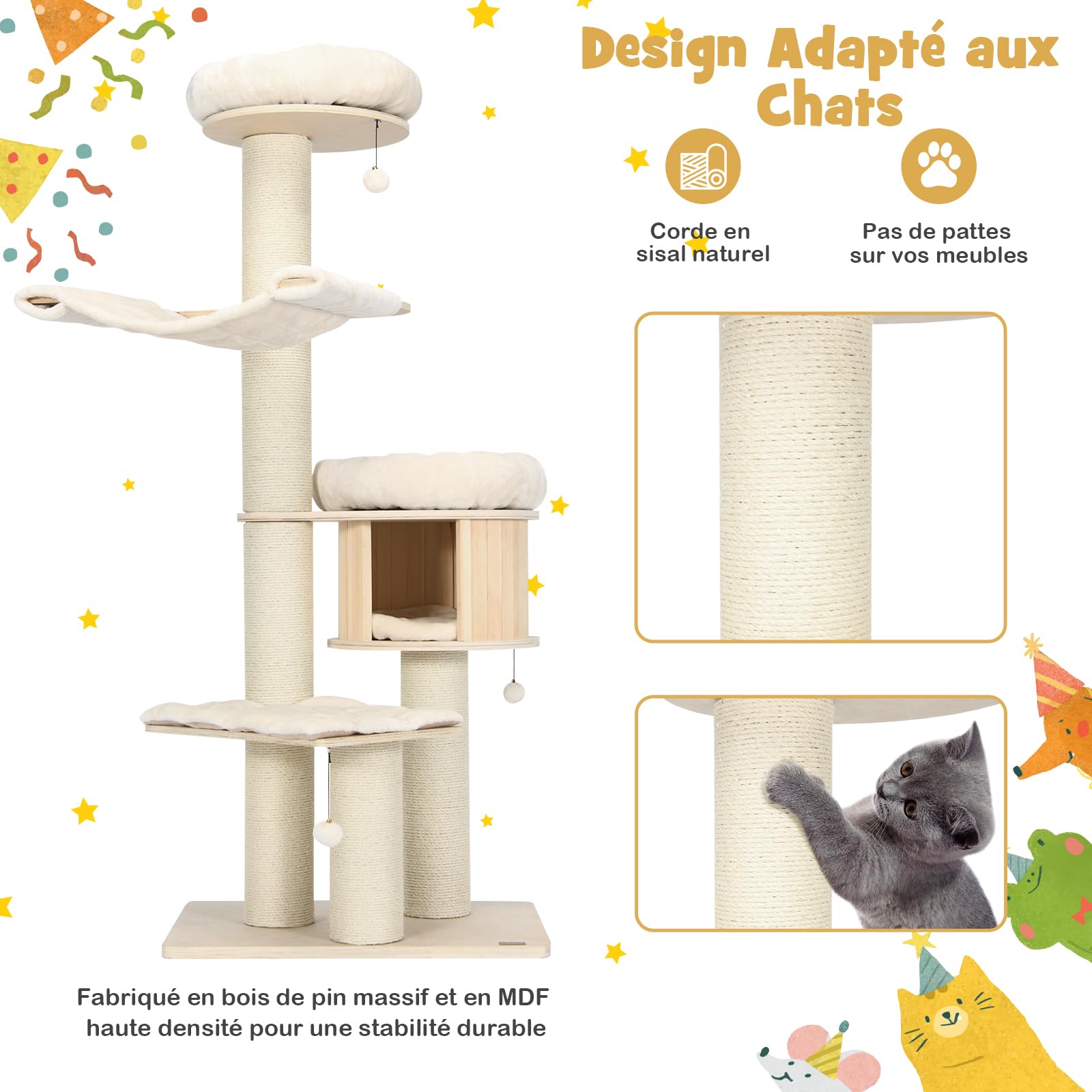 GOPLUS - Árbol de Gato de Madera de 5 Niveles 174 cm con Cojín de Felpa, Multicapa con Rascadores, Hamaca, Condominio Privado con Cama, Percha Alta para Descansar y Jugar