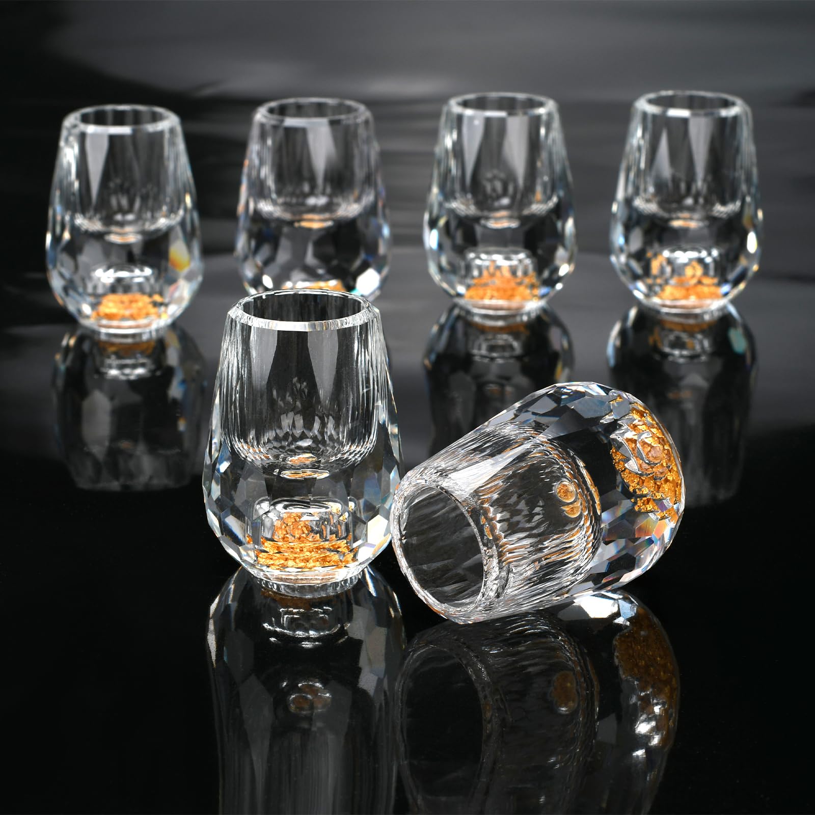 BSDLZCH Crystal Shot Glasses Set of 6, 15ml Reusable Gold Glass with Heavy Base, Decorated with 24K Gold Leaf Flakes
