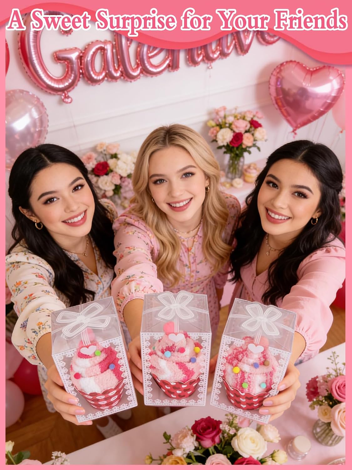 Cosweet 12 Sets Galentines Party Favors - Pink Fluffy Cupcake Socks Bulk with Individual Clear Boxes, Galentines Party Gifts