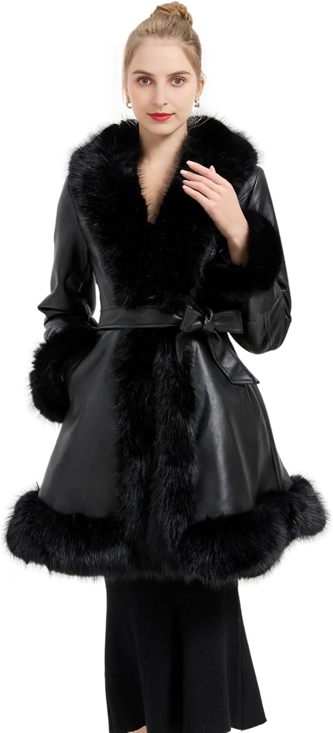 Winter Warm Faux Fur Leather Collar Jacket for Women Long Sleeve Coat With Pockets and Belt - Image 2