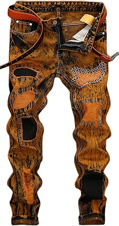Mens Golden Ripped Distressed Straight Slim Fit Patches Jeans