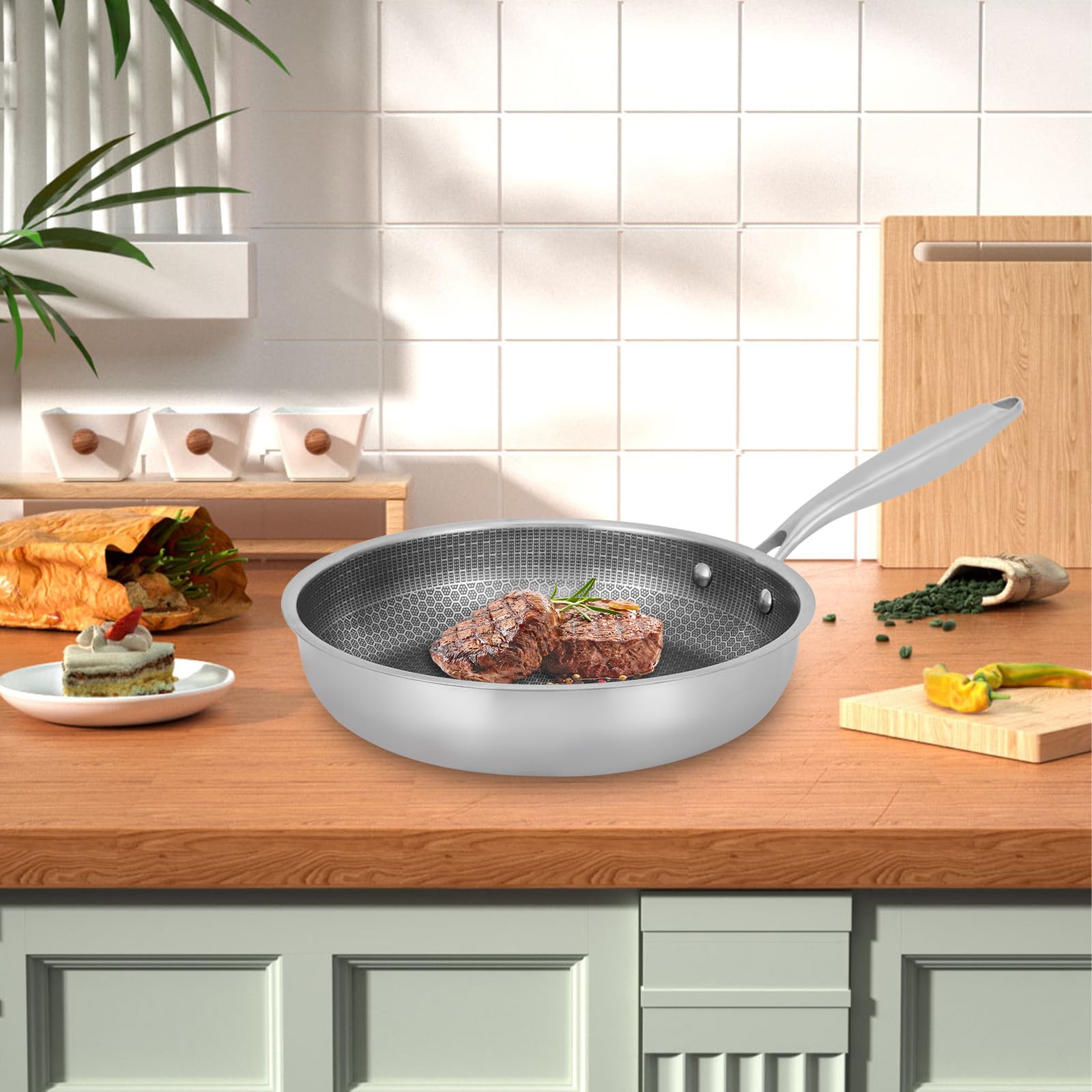 Innerwell Padella in acciaio inossidabile, Padella Induzione con Coperchio, Rivestimento a nido d'ape antigraffio, Padelle Adatte Per Forno, Universali Pentole, Senza PFOA, 28 cm