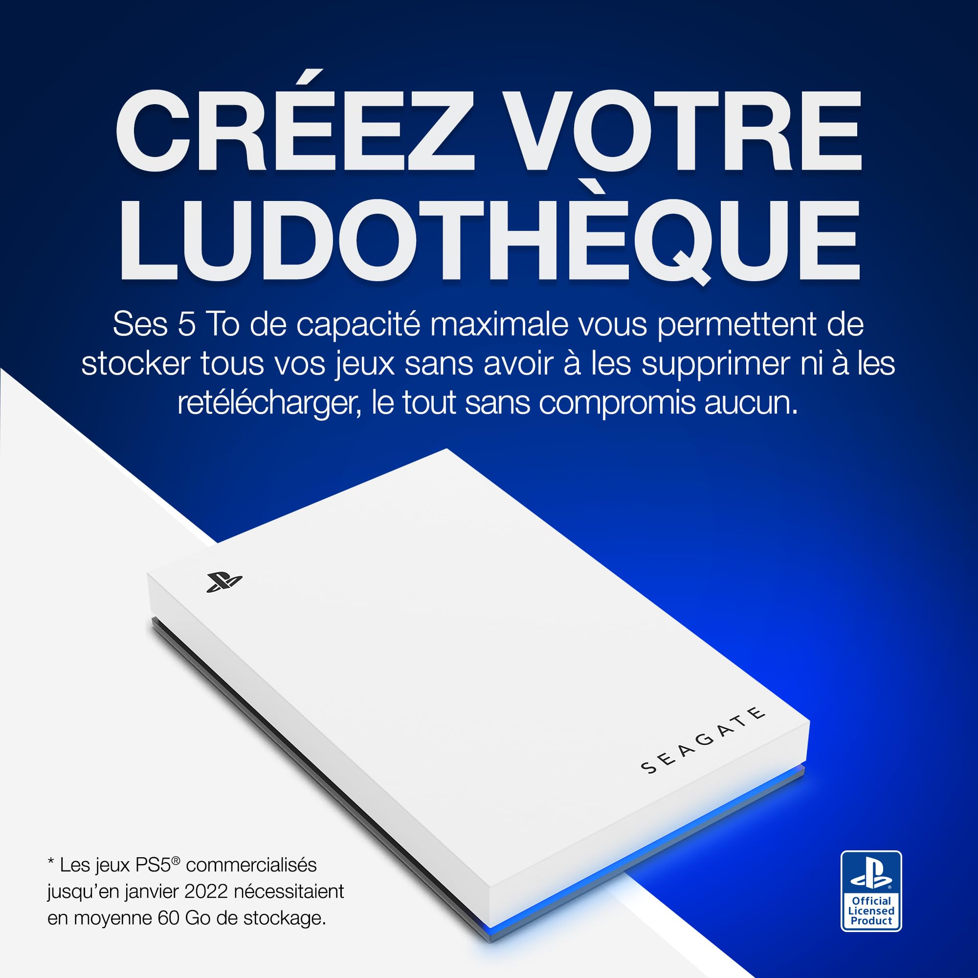 Seagate Game Drive for PS5, 5 to, Disque Dur Externe, USB 3.0, sous Licence Officielle, éclairage LED Bleu (STLV5000200)