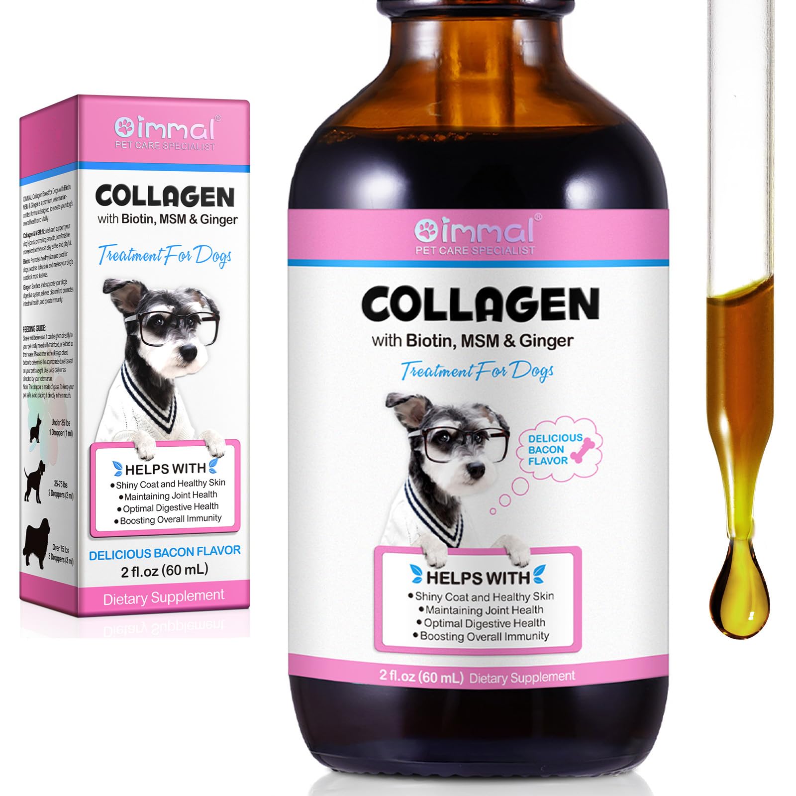 Collagen for Dogs, Daily Liquid Collagen Drops for Dogs with Allergies, Biotin, Vitamin C and Hyaluronic Acid, Support Mobility Skin and Coat Health, Itch Relief for Dog, 60ML