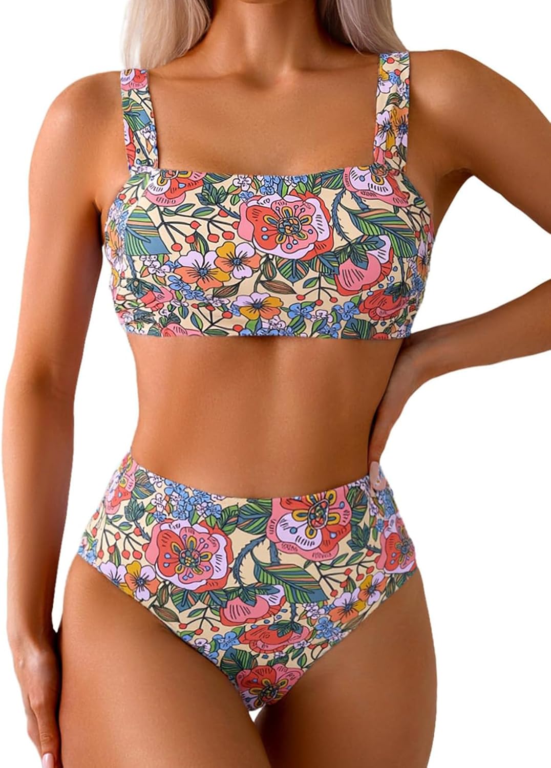 Fanuerg Women's High Waisted Bikini Sets Wide Straps Two Piece Swimsuit Floral Print Bathing Suits