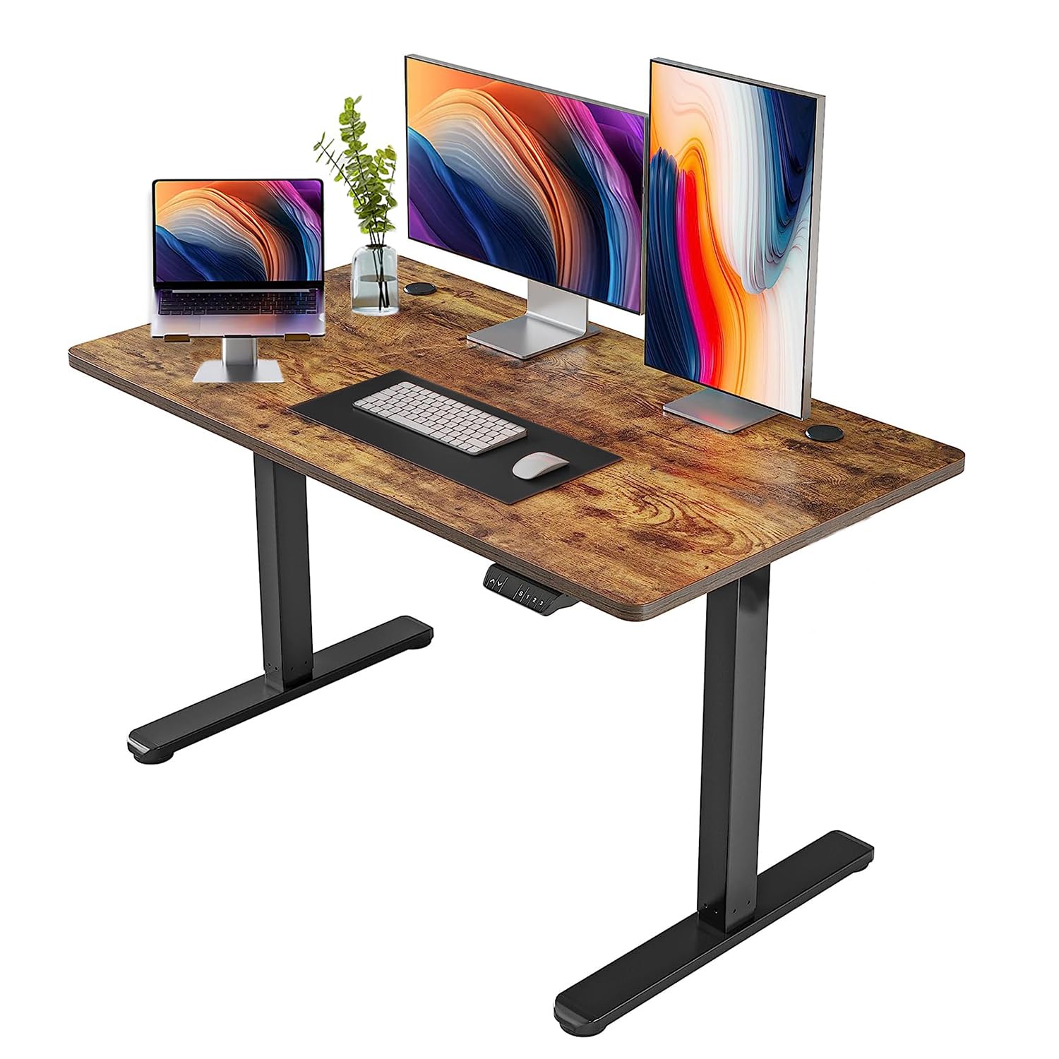 SPNOR Height Adjustable Electric Standing Desk, 120 * 60CM Stand up Table, Sit Stand Home Office Desk with Splice Board, Black Frame/Rustic Brown Top, DWD888