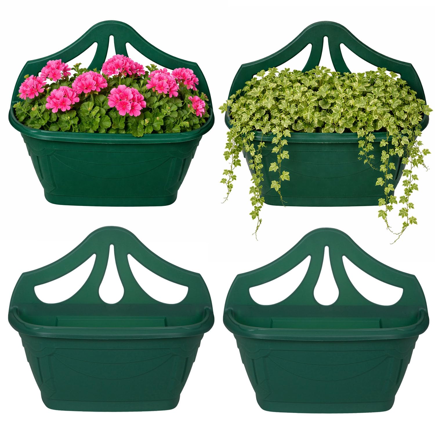 UNIQUE HOME LIVING 42cm Plant Pots Set of 4 Wall Hanging Plastic Planter with Drainage Holes, Decorative Venetian Design Flower Pots for Indoor Outdoor Garden Houseplant, 4 Litres (Green)