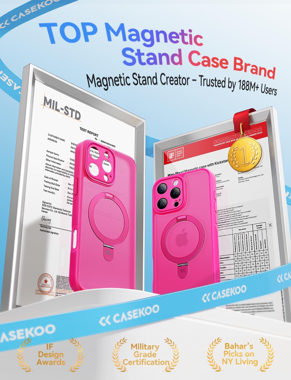 CASEKOO Upgraded Full Camera Protection for iPhone 16 Pro Max Case with Magnetic Invisible Stand [Compatible with MagSafe] [Military Grade Protection] for iPhone 16 Pro Max Case Stand 6.9", Hot Pink - Image 3