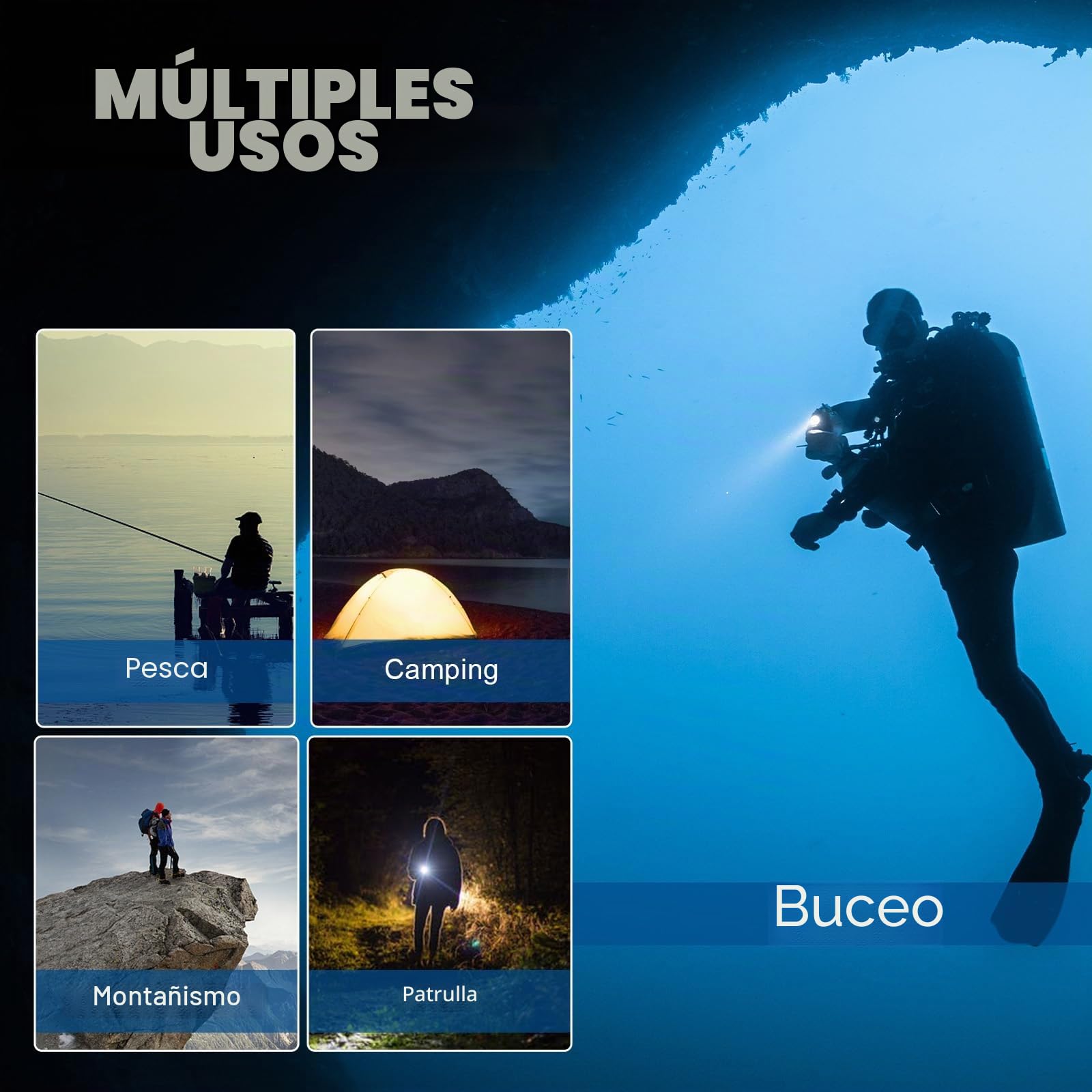 Linterna de buceo subacuática de 2000 lúmenes, linterna LED de buceo con 3 modos, luz LED de buceo nocturna IPX8 a prueba de agua, profesional para esnórquel