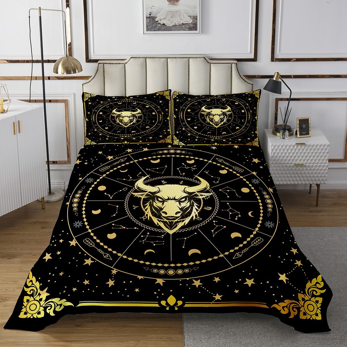 Erosebridal Taurus Quilt Set Twelve Constellations Zodiac Bedspread Set Twin,Kids Boys Girls Room Decor,Sun and Moon Stars Quilted Coverlet,Black and Gold Exotic Bed Cover,Vintage