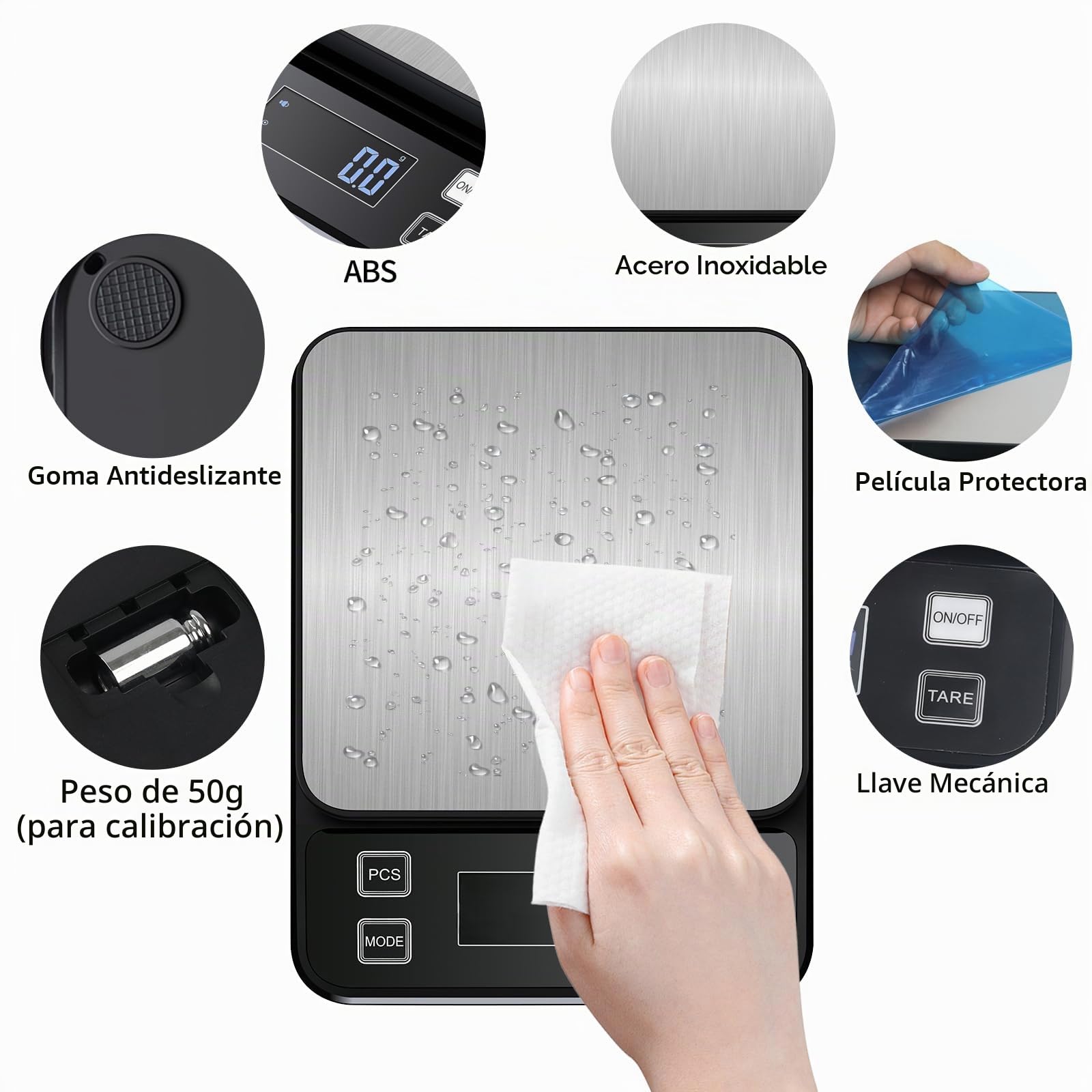 Báscula de cocina impermeable IPX67, 10 kg, báscula de cocina digital, alta precisión, 0,1 g, con 10 unidades y plataforma de pesaje de acero inoxidable, USB C recargable, báscula digital