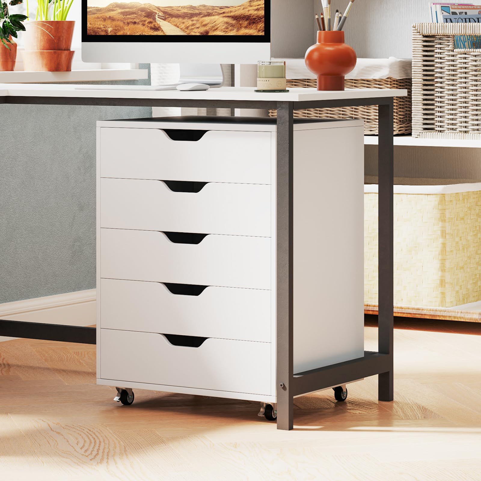 COSTWAY Cajonera de Oficina con 5 Cajones, Mueble Archivador con Ruedas, Soporte para Impresora, Archivador para Carta/A4/F4, Armario de Almacenamiento Multifuncional para Casa Oficina (Blanco)