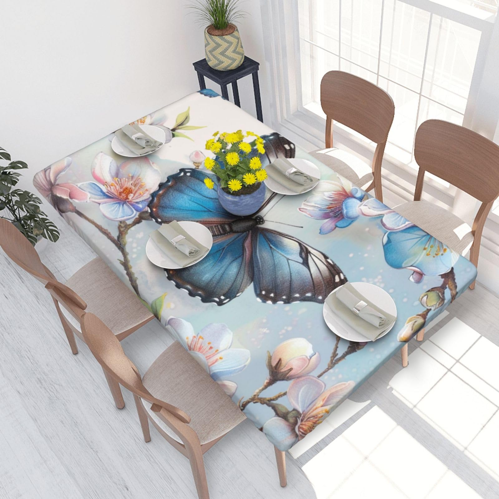 WPKJU Blue Butterfly On Blossom Flower Printed Tablecloths 4ft Rectangular Table Covers Washable Polyester Decorative Table Cloth for Dining Table Picnic Wedding