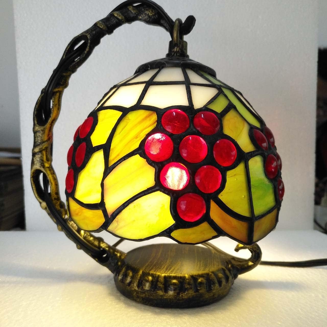 Bieye L10554 Grapes Tiffany Style Stained Glass Mini Table Lamp Night Light for Bedside Living Room, 7-inch Tall