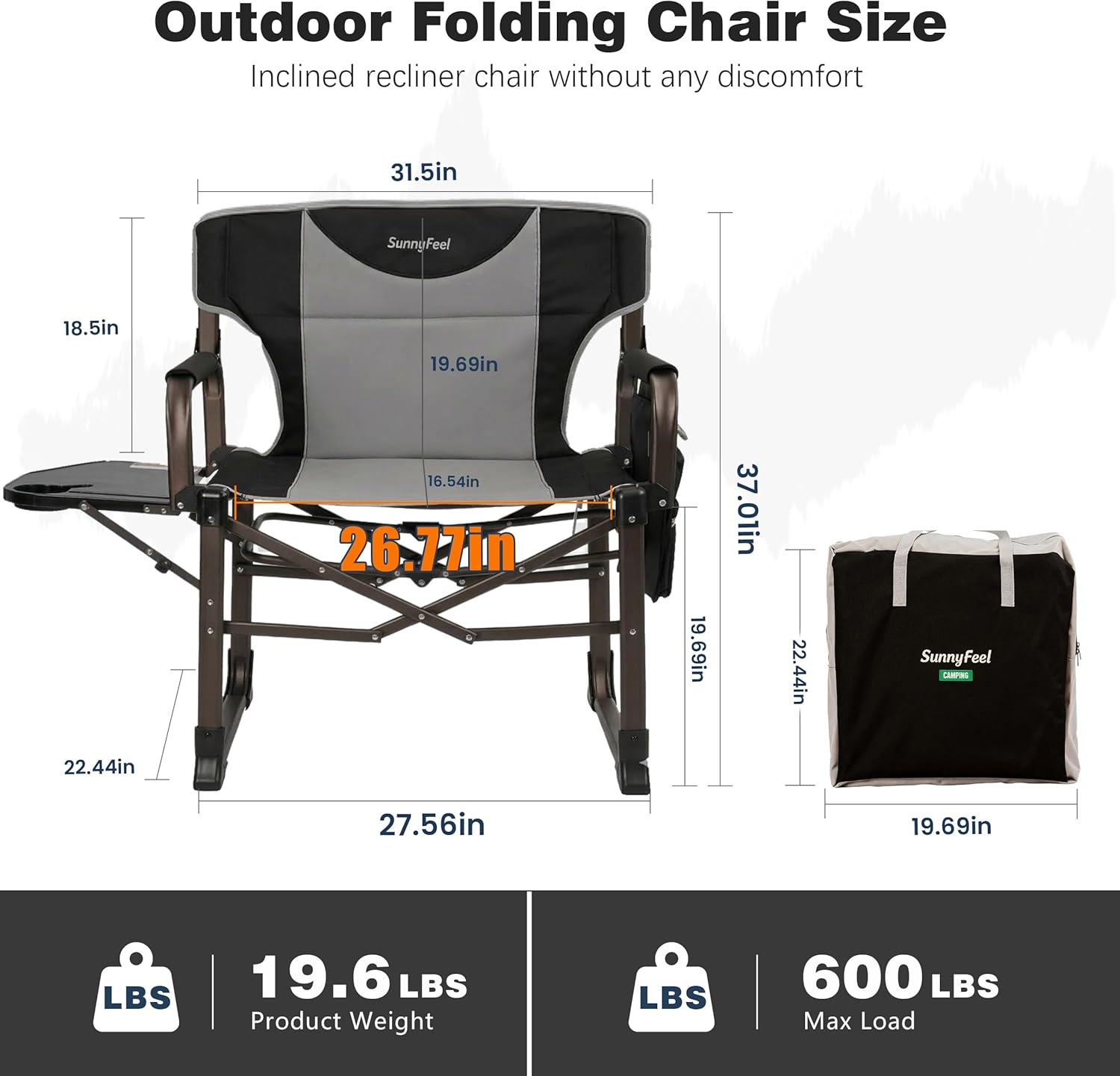 SUNNYFEEL Oversized Camping Directors Chair Black Portable Folding Chair for Adults Support 600lbs with Side Pocket and Side Table for Beach, Fishing, Trip, Picnic, Lawn, Outdoor Foldable Camp Chairs