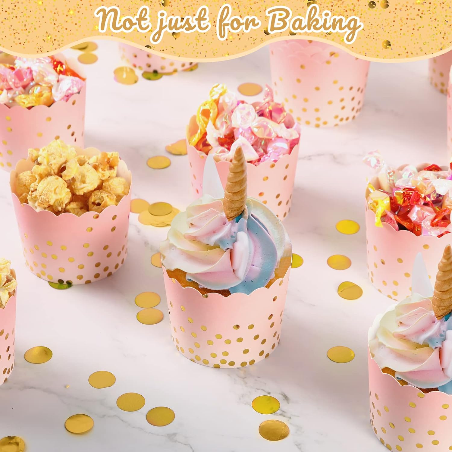 Queekay 100 Pcs Pink Cupcake Liners Bulk 4.5 oz Gold Dot Baking Cups
