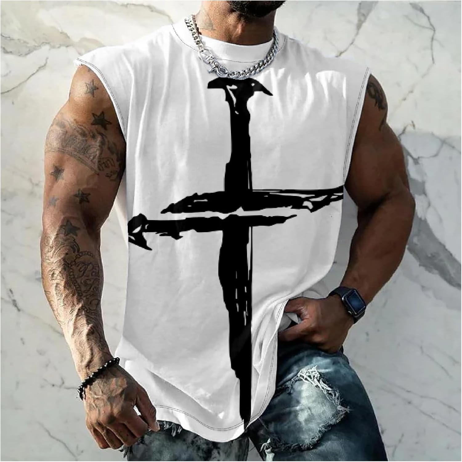 Mens Workout Tank Tops Nail Cross Graphic Casual Novelty Summer Gym Muscle Fitness Quick Dry Breathable Shirts - Image 2