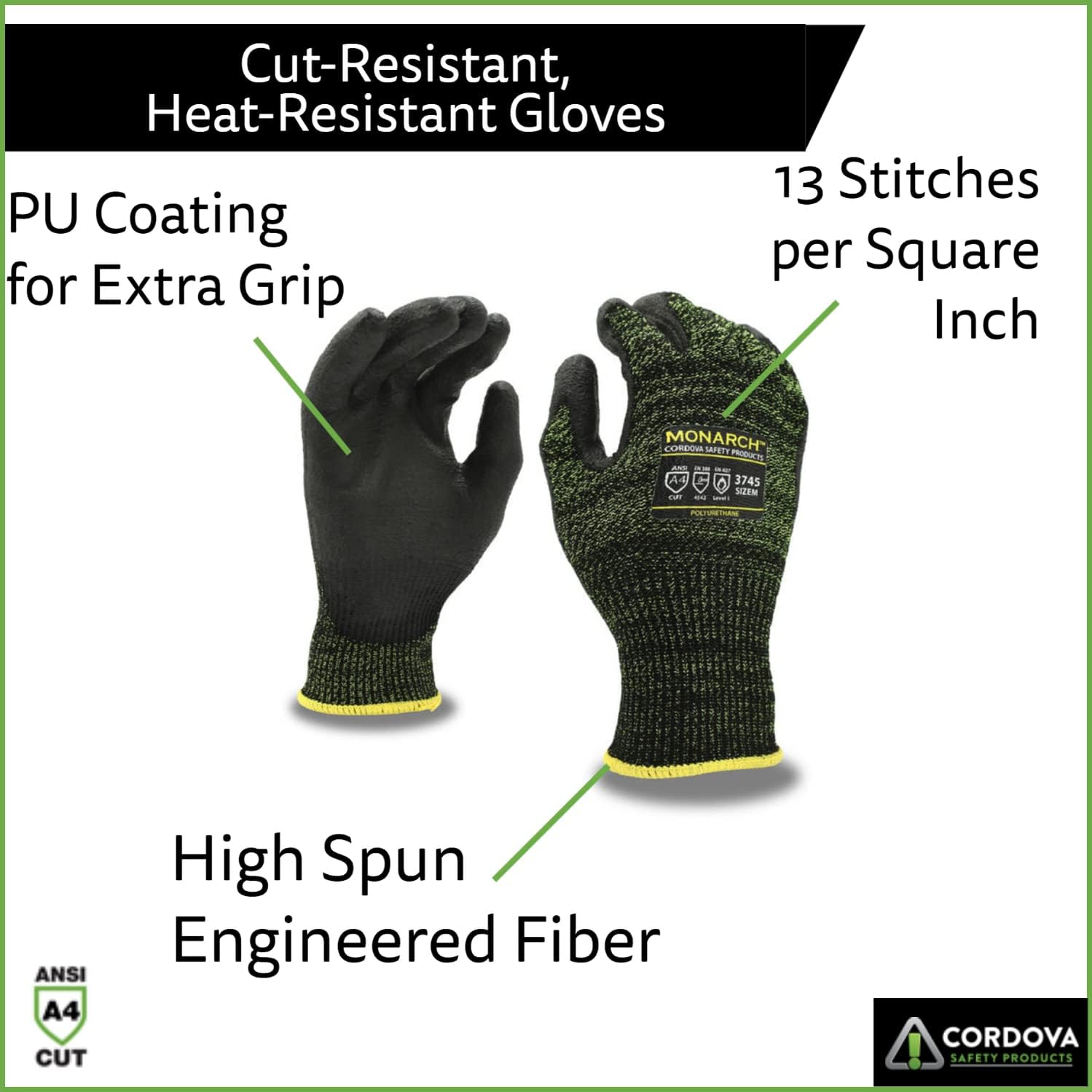 Cordova 3745 Monarch-Soft 13-Gauge Gloves, High Performance Shell, Polyurethane Palm Coating, ANSI Cut Level A4