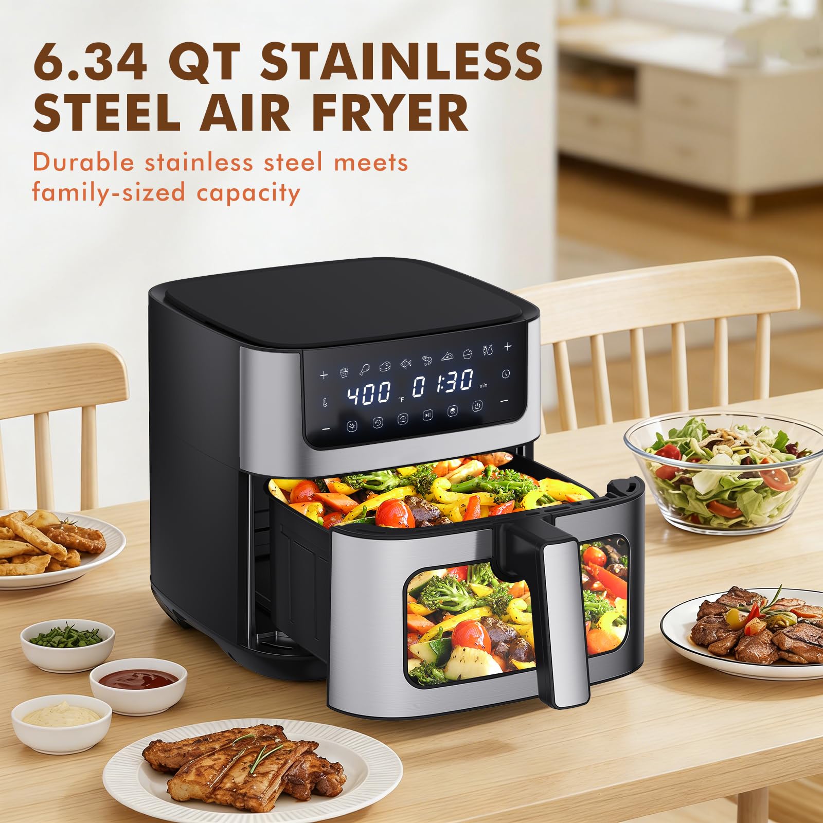OLIXIS 6.34QT Air Fryer with Window, 8 Food Presets with 400°F Max Heat, 90-Min Timer, Nonstick Dishwasher-Safe Basket for Air Fry, Roast, Reheat, Bake, Stainless Steel, Black view 2