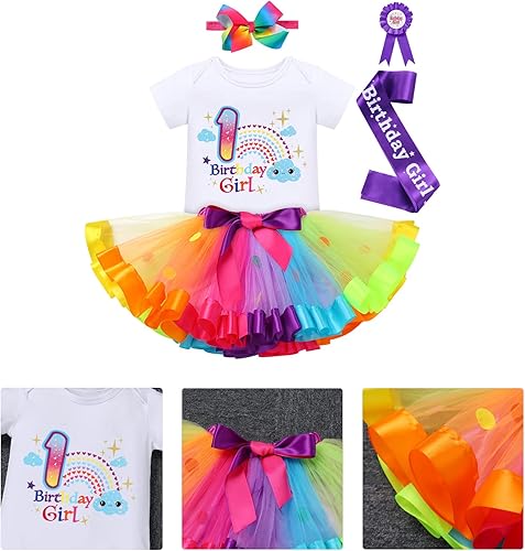 Miniatura 5 de IBTOM CASTLE Conjunto de falda de unicornio para bebé niña 1er 2do 3er cumpleaños, tutú arco iris, pastel de princesa, mameluco con diadema para